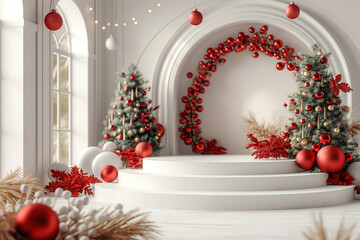 A white room with a red archway and two trees