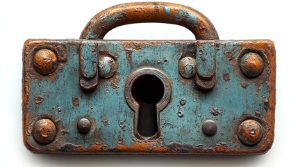 An antique padlock with a rusty, weathered finish.