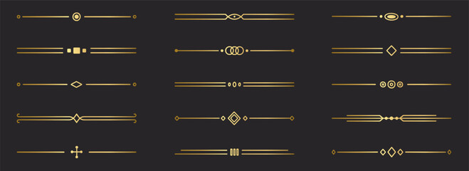 Gold text dividers doodle set. Wedding decorative elements. Divider ornament, borders, vintage line separators. Hand drawn vector illustration isolated on black background