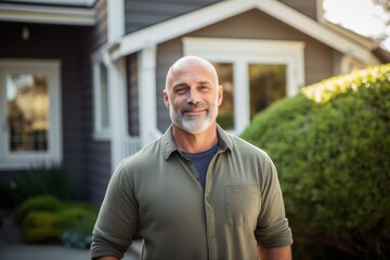 Smiling senior man standing in front of his suburban home on a sunny day