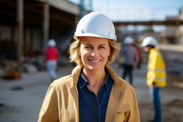 Smiling portrait of a middle aged businesswoman on construction site