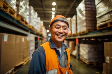 Portrait of a joyful middle aged Asian male warehouse worker