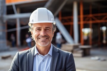 Wall Mural - Smiling portrait of a middle aged businessman on construction site