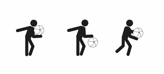 Sticker - pictogram of the figure of a man with a ball, sketch, stick man with a ball, healthy lifestyle, flat illustration, on a highlighted white background