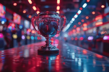 Shiny esports championship trophy on a table in a neon-lit stadium with cheering fans