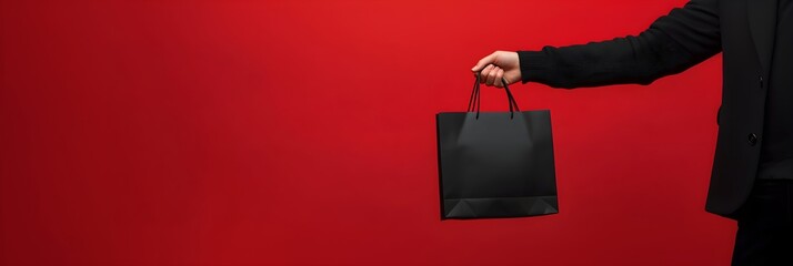 Man holding black shopping bag on red background. Online shopping concept. Black Friday, 11.11 Single Day, Cyber Monday. Autumn sale and discount advertising banner, poster, flyer with copy space