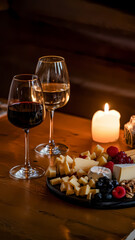 Elegant cheese platter with fruits, paired with red and white wine glasses beside a glowing candle on a cozy table.