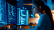 © I LOVE CUTE PNG`S - Female software developer coding at a dual-screen workstation