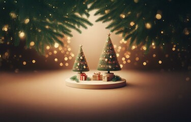 Two miniature Christmas trees with golden ornaments and a star on top, surrounded by blurry golden lights and pine branches.