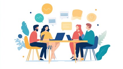 four people sitting at a table, having a business meeting. they are discussing ideas and working on 