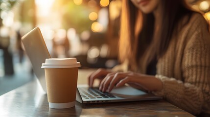 Wall Mural - A Woman Working on a Laptop with a Coffee Cup on a Table