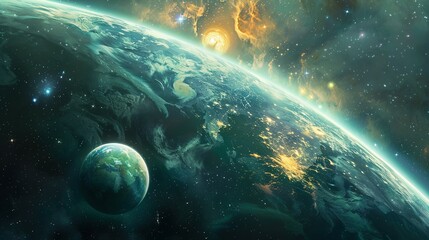 Wall Mural - A Green Planet Viewed from Space with a Bright Nebula in the Background