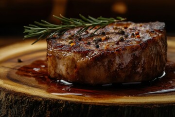 Deliciously cooked steak seared to perfection on a wooden cutting board garnished with fresh herbs