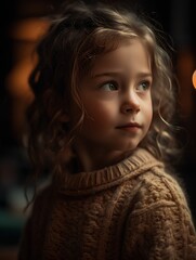 Portrait of a cute little girl in a warm sweater on a dark background