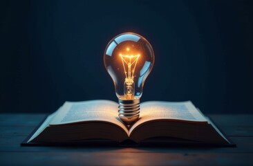 An illuminated light bulb rests atop an open book on a dark background symbolizing the fusion of knowledge and innovation