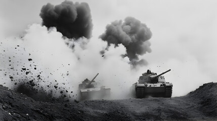 Two tanks flanking a fortified enemy position, shells exploding around them as they close in.


