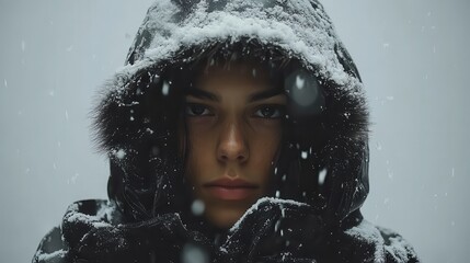 Close-up Portrait of a Woman in a Snowstorm Wearing a Hooded Coat