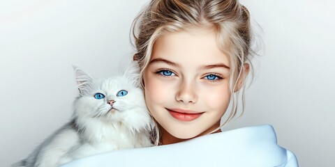 photo of a smiling girl with a cat summer with a white background, friends wallpaper