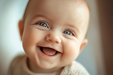 A close-up view of a smiling baby with bright eyes and a joyful expression