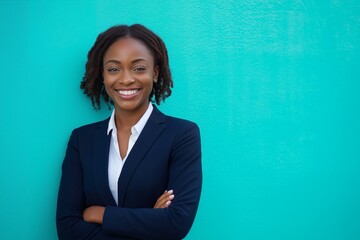 A confident woman in a dark blue suit smiles professionally against a vibrant turquoise backdrop, showcasing her positive energy and approachability