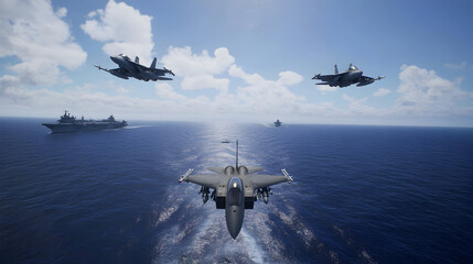 Two fighter jets flying in formation over a naval fleet, preparing for an aerial assault.


