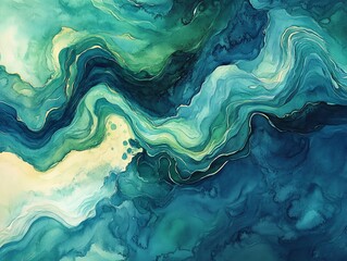 Abstract blue and green watercolor painting with gold accents.