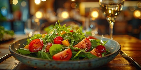 Fresh garden salad with cherry tomatoes served in a cozy restaurant at night. Generative AI