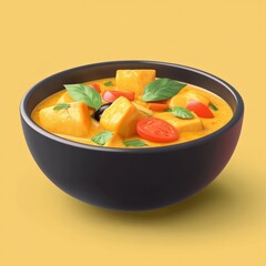 A sleek 3D icon of a bowl of coconut curry, showcasing vibrant colors and textures, isolated on a bright background