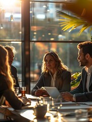 Business professionals discussing strategies in a modern office during sunset. Generative AI