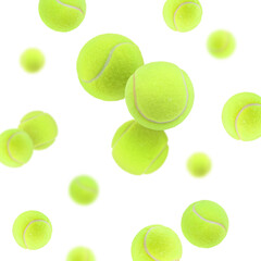 Wall Mural - Many bright tennis balls in air on white background