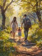 © D.Myts - Family stroll through a sunlit forest path surrounded by blooming flowers. Generative AI