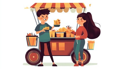 Two friends enjoying snacks at a vibrant food cart, cheerful atmosphere.