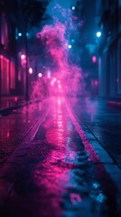 A city street at night with a neon glow reflected in puddles of water, creating a surreal and vibrant scene.