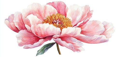 Wall Mural - watercolor painting of a delicate pink peony flower with yellow center and green stem.