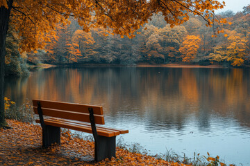 Wall Mural - A bench is sitting by a lake with a beautiful autumn scene