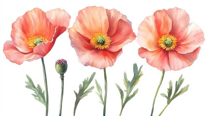 Wall Mural - watercolor painting of three pink poppy flowers with green leaves and a bud on white background.