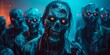 © D.Myts - Eerie gathering of zombies in dark setting with glowing eyes at night. Generative AI