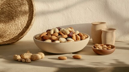 Vegetarian concept. A bowl of nuts is on a table with a basket and two cups