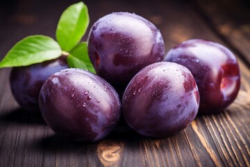 Plums on wooden background. Fresh Plum fruits