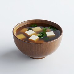 Wall Mural - Minimalist 3D rendering of a bowl of miso soup, showcasing the simplicity and freshness, isolated on a white background