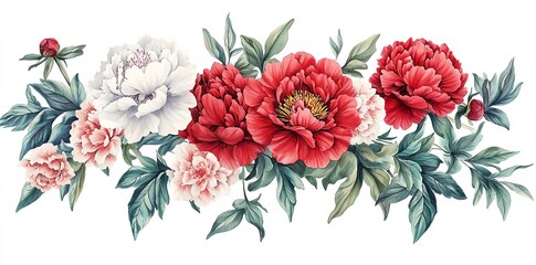 Wall Mural - watercolor illustration of a beautiful bouquet of red, white, and pink peonies with green leaves on 