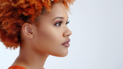 Poster - Stunning closeup portrait of an African American woman showcasing her beautiful afro hairstyle on a clean white background.