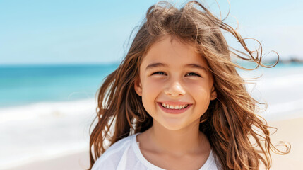 Wall Mural - A joyful little girl with long brown hair smiles brightly at the beach, soaking in the sunny spring day.