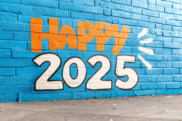 Colorful mural celebrating the new year 2025 with vibrant greetings of happiness and joy