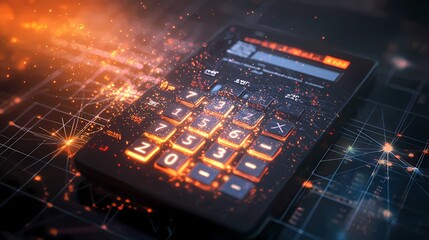 A close-up of a calculator with glowing orange keys and sparks