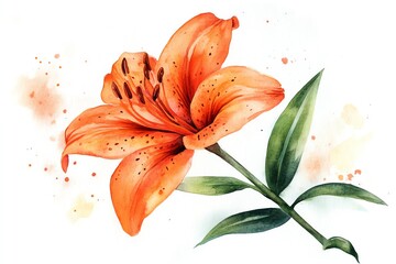 Wall Mural - watercolor painting of an orange lily with green leaves and watercolor splatters.
