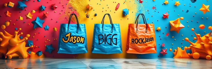 Flat Vector Banners Shopping Bags Big Sale Explosion Background Blue Yellow Orange Minimalist Design