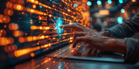 Businessman Uses AI Machine Learning for Data Analysis and Web Development with Digital Assistants and Virtual Coding Interface in Office
