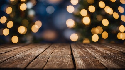 Wall Mural - rustic wood board surface with bokeh christmas lights background