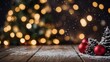 © Toni - Rustic wood board mockup surface with Christmas ornaments and bokeh lights background